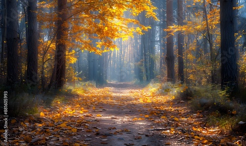 Sunlit path in a forest with yellow trees, fallen leaves carpeting the ground, evoking serene autumn vibes