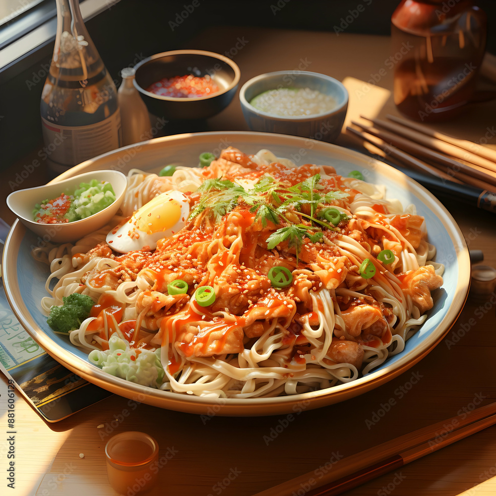 Delicious Noodles with Sauce and Egg - Realistic Food Illustration Delicious Noodles with Sauce and Egg - Realistic Food Illustration