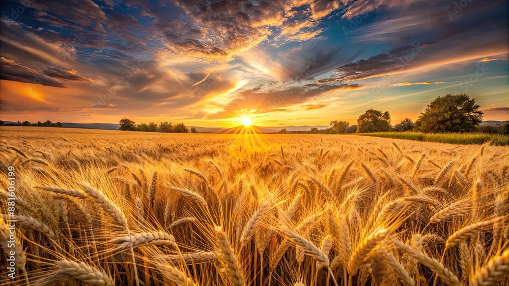 Obraz premium Ripe barley fields glowing in the summer sunset , agriculture, crops, harvest, landscape, rural, farming, growth, barley, ripe