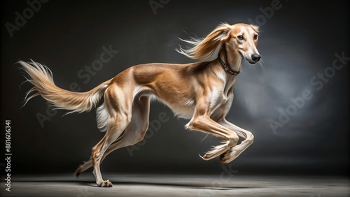Wide shot of a Saluki running, studio portrait.