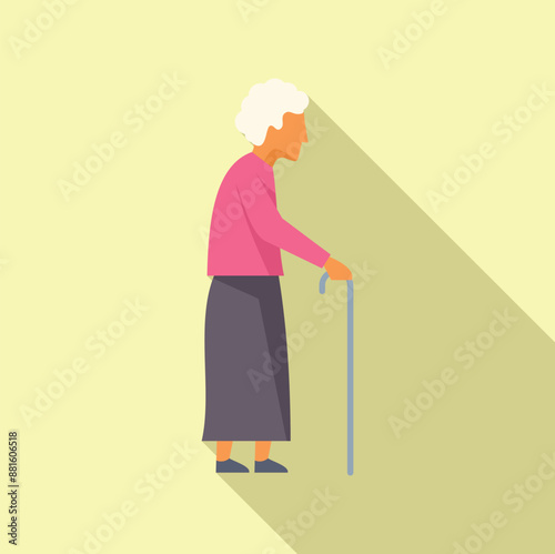 Elderly woman is walking with a cane, using the walking stick for support