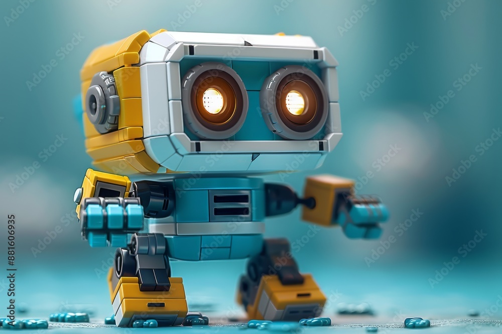 Fototapeta premium An old robot stands amidst the futuristic cityscape, a relic of the past in the midst of a bustling future metropolis.