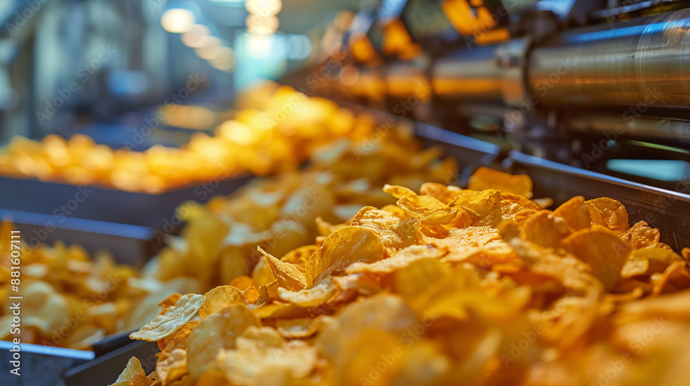 Potato Chips Production Line and Snack Machine Filling Stations in Food Industry Plant