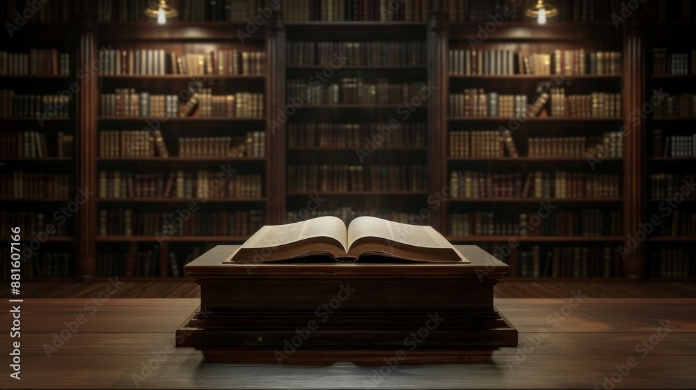 Fototapeta premium The book is open on the podium in the library.