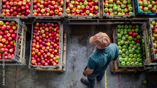 Portrait of worker holding crate full of green apples in organic food factory warehouse.