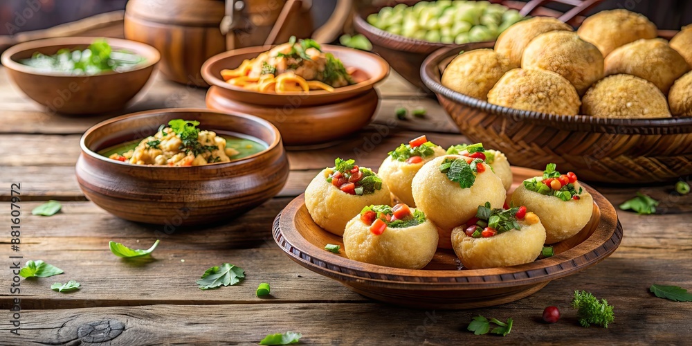 Delicious Indian street food Pani Puri in a rustic setting, Indian, food, snack, spicy, flavorful, traditional, chaat, popular Delicious Indian street food Pani Puri in a rustic setting, Indian, food, snack, spicy, flavorful, traditional, chaat, popular