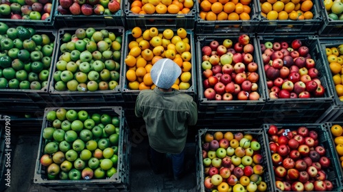 Portrait of worker holding crate full of green apples in organic food factory warehouse. photo