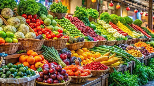 Fresh, colorful fruits and vegetables displayed in a vibrant market setting, healthy, organic, farm fresh, produce, market
