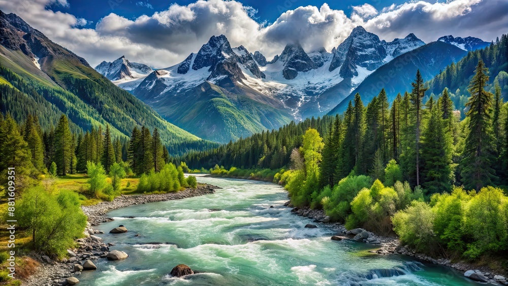 Obraz premium Scenic view of mountain landscape with snow-capped peaks, lush green forests, and rushing rivers, mountains, landscape