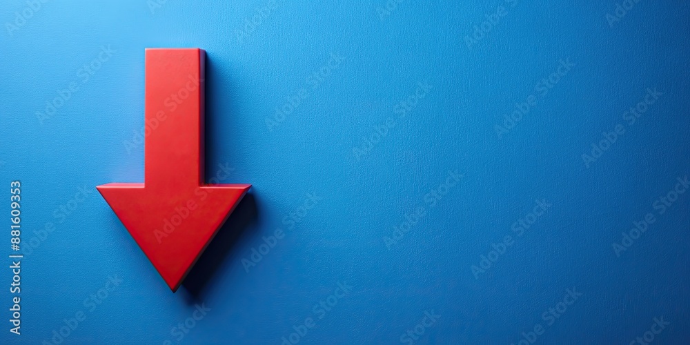 Red arrow descending on deep blue background indicating downward trend, stock photo, red arrow,descending, deep blue Red arrow descending on deep blue background indicating downward trend, stock photo, red arrow,descending, deep blue