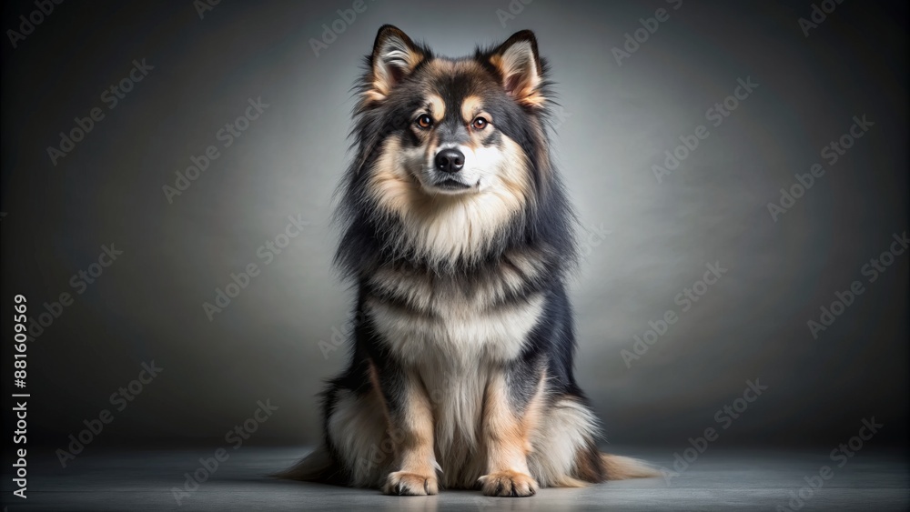 Wide shot of a Finnish Lapphund sitting, studio portrait. Wide shot of a Finnish Lapphund sitting, studio portrait.