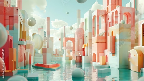 AIgenerated surreal cityscape with floating buildings, fantasy, pastel colors, 3D rendering, dreamlike