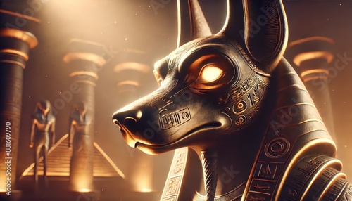 A close-up of the Anubis statue's face with glowing eyes and intricate hieroglyphs carved into the stone.