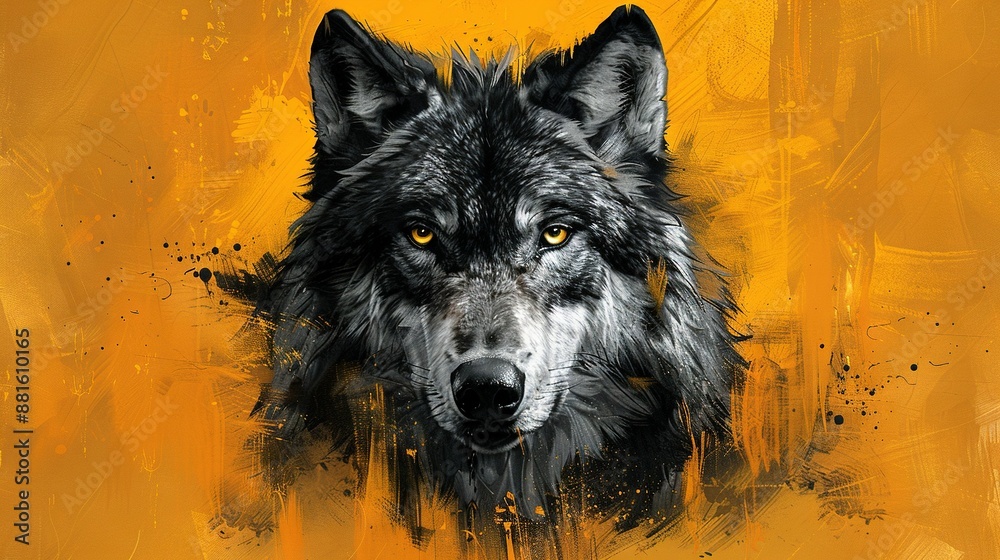 Close-up of a wolf's face on a yellow background with black and white paint splatters Close-up of a wolf's face on a yellow background with black and white paint splatters