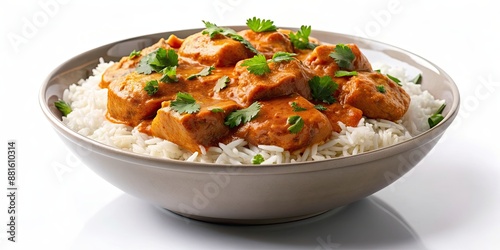 Tikka masala curry chicken bowl over rice isolated on background, Indian cuisine, spicy, flavorful