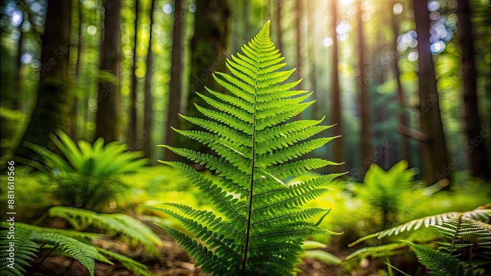 Obraz premium Lush green fern growing in a dense forest, nature, plant, foliage, growth, woodland, lush, green, environment, outdoors