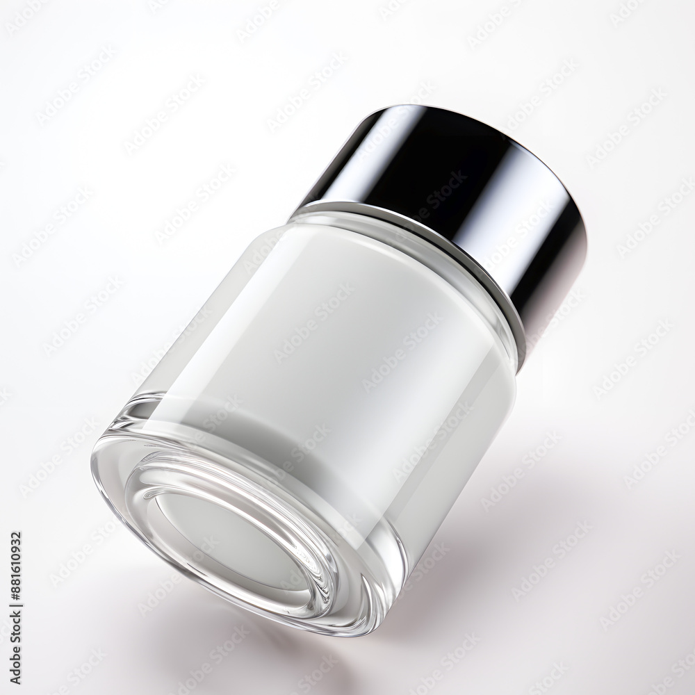 Minimalist white cosmetic jar with a black lid on a white background. Elegant product packaging for beauty and skincare industries. Minimalist white cosmetic jar with a black lid on a white background. Elegant product packaging for beauty and skincare industries.