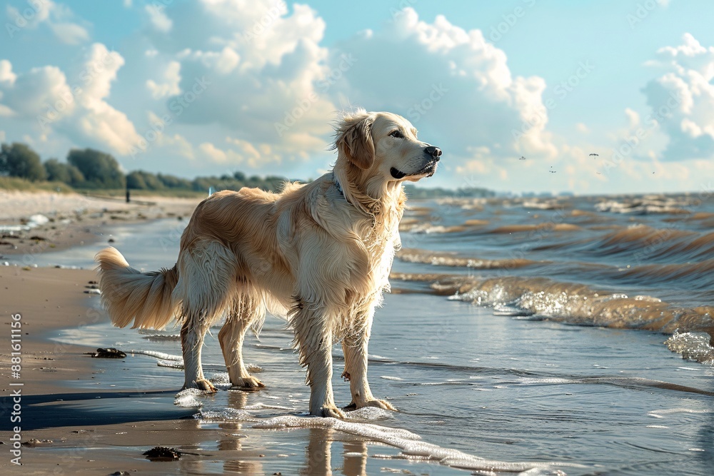 Happy dog standing on beach with drink in front, ocean waves in background. Happy dog standing on beach with drink in front, ocean waves in background.