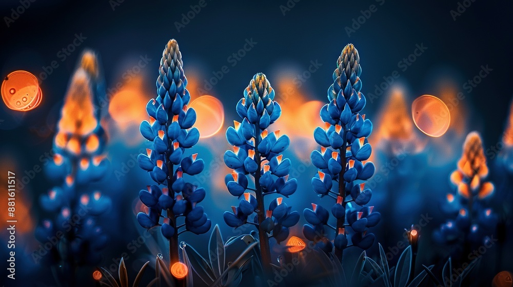 A cluster of azure blossoms rests beside one another atop a verdant meadow adjacent to a fire hydrant A cluster of azure blossoms rests beside one another atop a verdant meadow adjacent to a fire hydrant