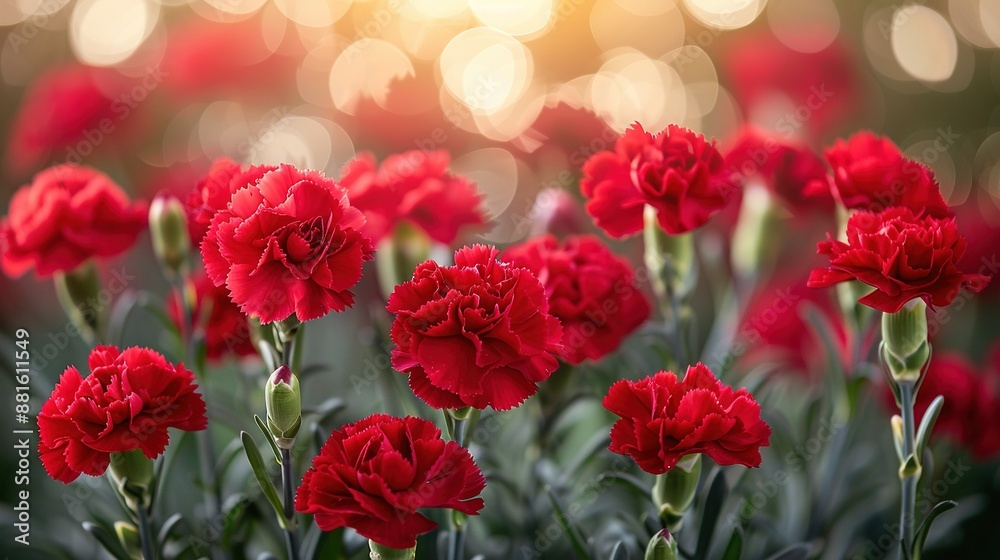 A field of red carnations, bathed in soft light, with a blurred background A field of red carnations, bathed in soft light, with a blurred background