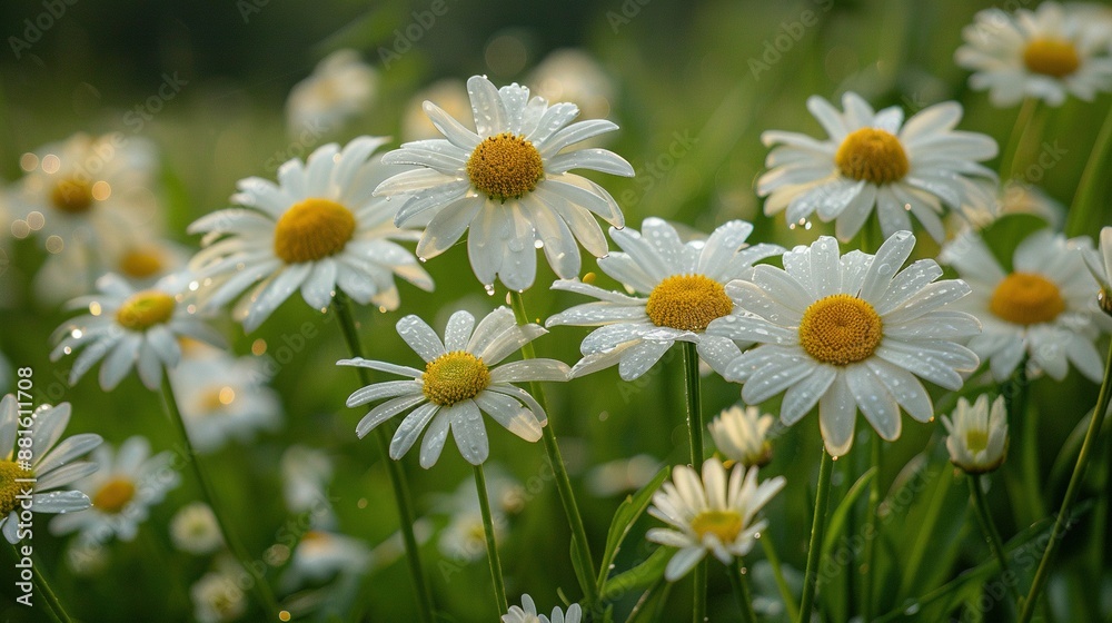 A field of green grass with white daisies and yellow center drops A field of green grass with white daisies and yellow center drops