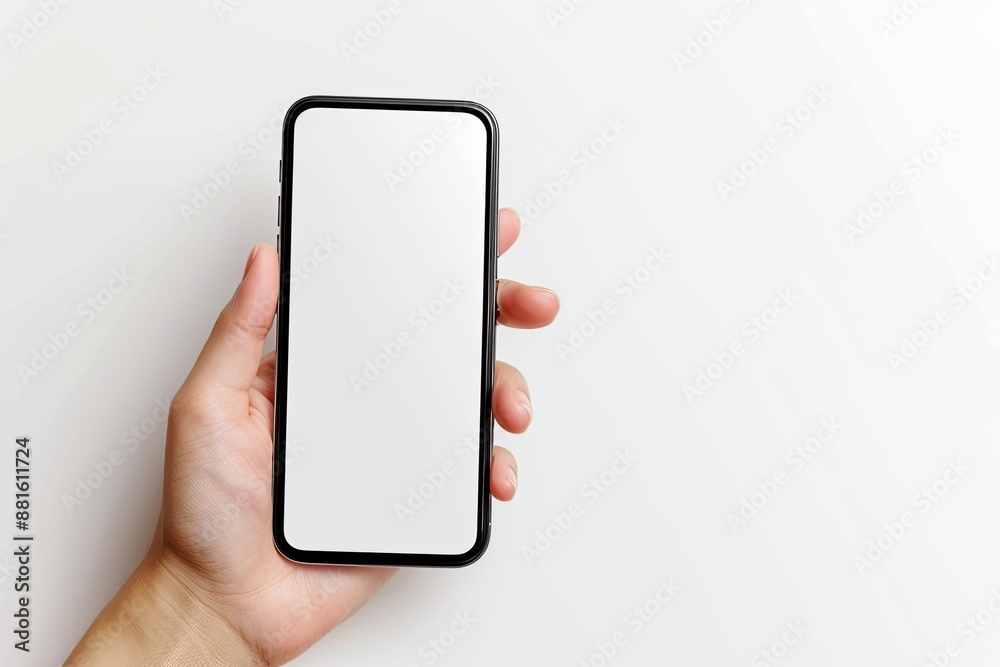 Smartphone mockup on hand with white blank screen created with Generative AI Smartphone mockup on hand with white blank screen created with Generative AI