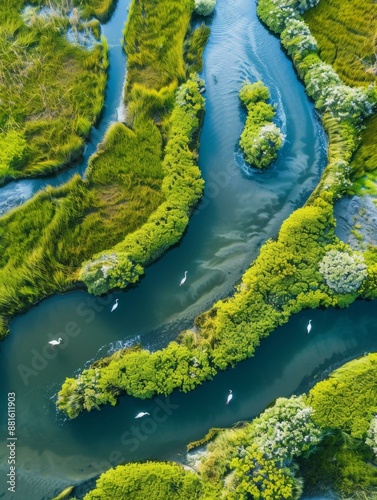 An aerial view of a river surrounded by lush green vegetation. AI.