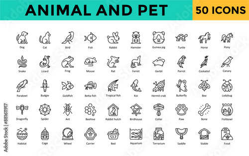 Animal and Pet icon set with dog, cat, bird, fish, rabbit, hamster, guinea pig, turtle, horse, pony, snake, lizard, frog, mouse icon. Simple line vector