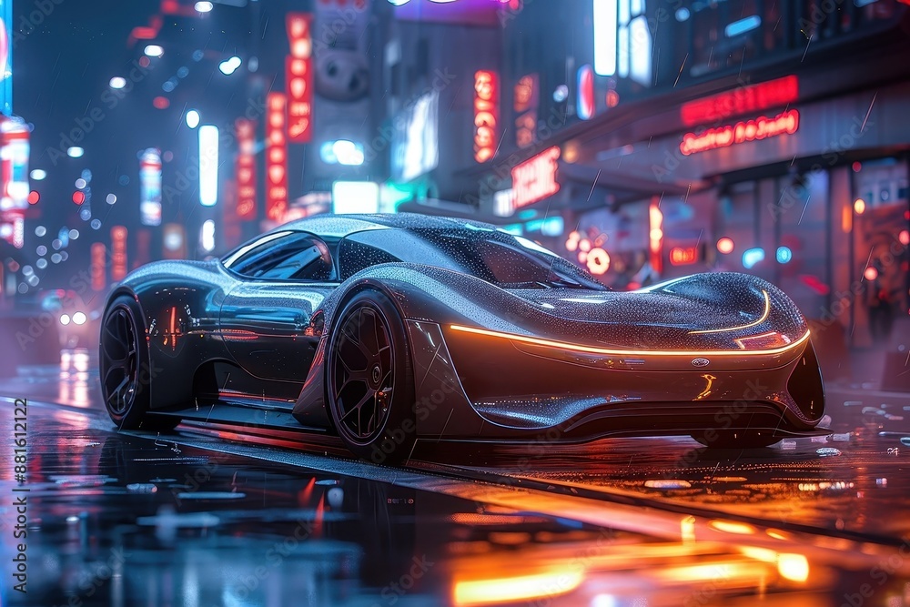 Captures the futuristic aesthetic and silent operation of an EV car in a vibrant urban setting.
