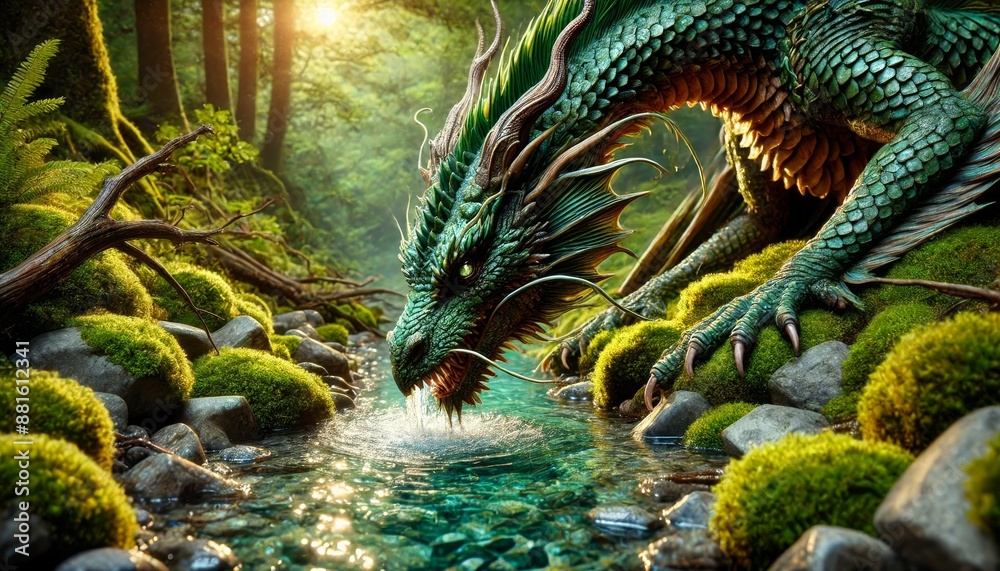 Obraz premium A detailed, close-up image of a majestic green dragon drinking from a clear, forest stream.