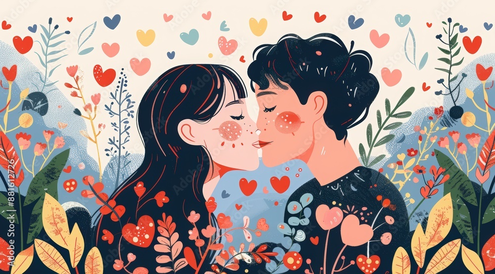 National Girlfriend Day. Valentine's Day concept illustration with a young couple in love, a man and woman hugging each other on a background of a red heart shape, flowers, and plants National Girlfriend Day. Valentine's Day concept illustration with a young couple in love, a man and woman hugging each other on a background of a red heart shape, flowers, and plants