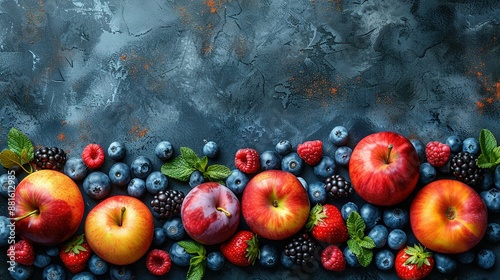  A stunning painting of apples, berries, and blueberries arranged horizontally on a muted gray backdrop, punctuated by lush green foliage