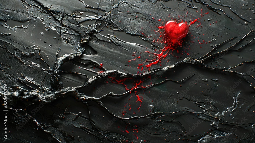 Fototapeta premium A heart in red hue rests atop monochrome paint upon black-white canvas