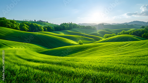 Beautiful rolling green hills under a bright sunlit sky with fluffy clouds, capturing the essence of serene rural landscapes.