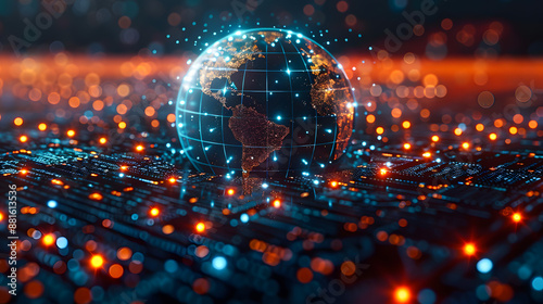 Futuristic digital globe glowing with network connection lines and nodes. Concept of global internet, data, and communication technology. photo
