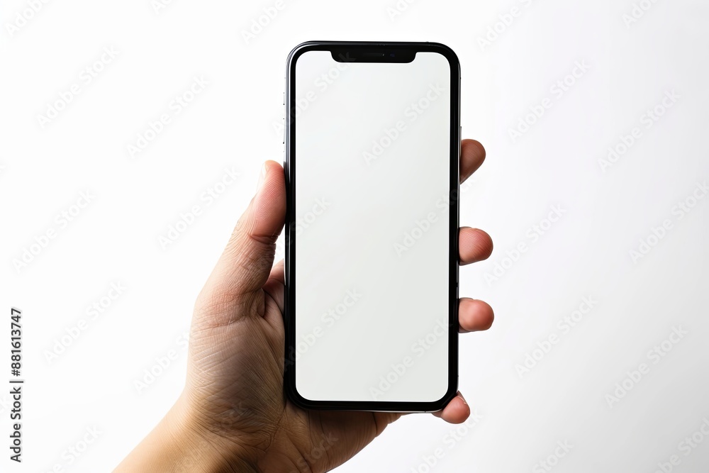 Smartphone mockup on hand with white blank screen created with Generative AI Smartphone mockup on hand with white blank screen created with Generative AI
