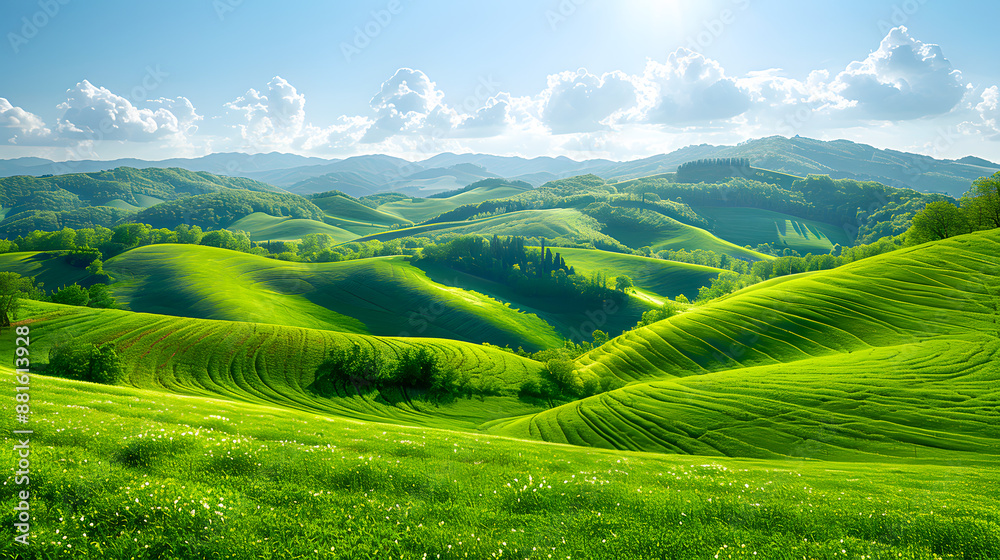 Serene green rolling hills under a bright blue sky with fluffy clouds, capturing the beauty of nature and tranquil landscapes. Serene green rolling hills under a bright blue sky with fluffy clouds, capturing the beauty of nature and tranquil landscapes.
