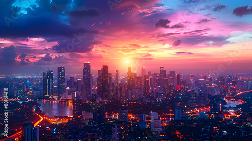 Stunning cityscape of a bustling metropolis at sunset with vibrant colors, tall skyscrapers, twinkling lights, and dramatic clouds.