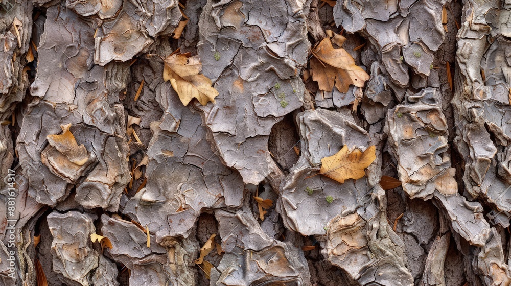 The intricate patterns of tree bark and the delicate structure of leaves are woven together into an abstract tapestry. The intricate patterns of tree bark and the delicate structure of leaves are woven together into an abstract tapestry.