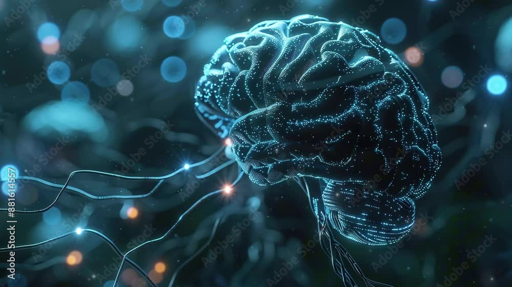 A hologram of a human brain. 3D rendering of a glowing brain ...
