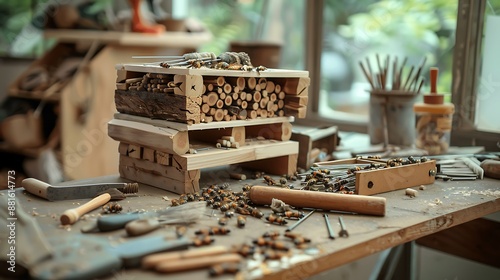 In a building creating a crafted bug hotel or home with tools on a table