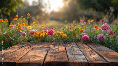 Spring Flowers and Wooden Table