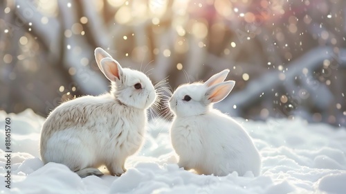 Obraz na płótnie In the snow two cute white bunnies w salonie