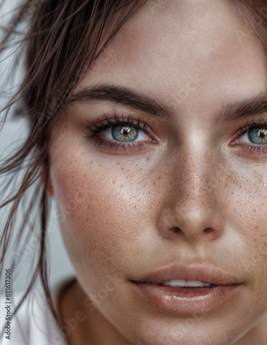 Extremel closeup of a  model with a healthy complexion. Direct gaze. Magazine fashion. Full lips and piercing eyes. Skin care and cosmetics. photo