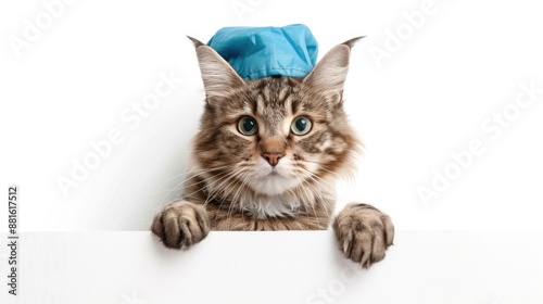 Cat in a doctor s outfit above blank white banner on white background