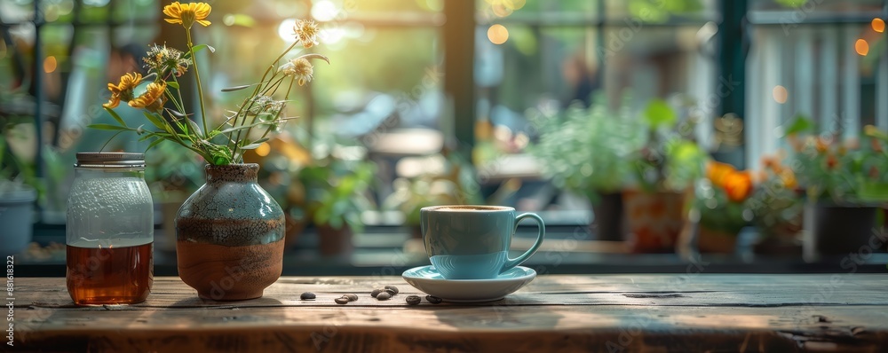Fototapeta premium Cozy Coffee Shop Table with Flowers, Coffee Cup, and Jar in Sunlit Atmosphere