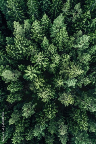 Forest with many trees is shown in close up
