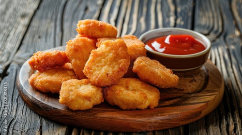 Chicken nuggets presented on rustic wooden surface with ketchup displaying a fast food snack in a restaurant setting