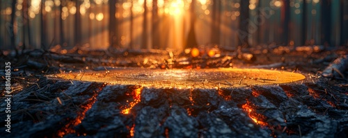 Sunlight Streaming Through Forest Trees Illuminating a Tree Stump in a Serene Woodland Setting