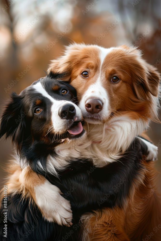 Two happy dogs hugging each other, representing the concept of best friends and showing joy and affection Two happy dogs hugging each other, representing the concept of best friends and showing joy and affection